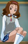  brown_eyes brown_hair chalkboard classroom hairband haruyama_kazunori light_smile looking_at_viewer miniskirt nanairogaoka_middle_school_uniform necktie okada_mayu panties pantyshot pantyshot_(sitting) precure school_uniform sitting skirt smile_precure! socks solo sweater_vest underwear vest 