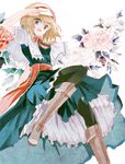  alice_margatroid arm_up bad_id bad_pixiv_id black_legwear blonde_hair blue_dress boots bow capelet cierra_(ra-bit) cross-laced_footwear dress flower grey_eyes hairband lace-up_boots open_mouth pantyhose peony_(flower) sash short_hair solo touhou 