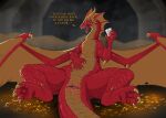 dragon english_text female feral flamespitter genitals hi_res looking_at_viewer mythological_creature mythological_scalie mythology open_mouth pussy reclining scalie solo spread_legs spreading talking_to_viewer text