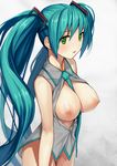  absurdres aqua_hair bare_shoulders between_breasts blush bottomless breasts breasts_outside framed_breasts green_eyes hair_ornament hatsune_miku highres large_breasts long_hair matsui_hiroaki necktie nipples open_clothes open_mouth open_shirt parted_lips shiny shiny_skin shirt simple_background sleeveless sleeveless_shirt solo twintails very_long_hair vocaloid 