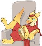  2019 anthro belly chair claws clothing digital_media_(artwork) dungeons_&amp;_dragons egyptian kobold lying maim male navel open_mouth reptile scales scalie simple_background sirocco sitting smile solo thick_thighs throne white_background wide_hips 