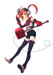  1girl absurdres aevv ahoge black_shorts black_thighhighs chewing_gum commentary full_body green_eyes hammer headphones highres holding holding_hammer j-core long_hair looking_at_viewer object_through_head polka_dot_footwear red_hair screw screw_in_head shirt shoes shorts simple_background sleeveless sleeveless_shirt sneakers solo standing t+pazolite tachi-e thighhighs twintails ultra_cutie_breakin&#039;!!!! white_background white_shirt white_shoes 