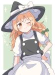  1girl absurdres apron back_bow black_hat black_skirt black_vest blonde_hair blush bow braid closed_mouth commentary_request green_bow hair_bow hat hat_bow haya_s2 highres kirisame_marisa looking_at_viewer one_eye_closed puff_of_air puffy_short_sleeves puffy_sleeves short_sleeves side_braid single_braid skirt smile solo touhou vest waist_apron white_apron white_bow witch_hat yellow_eyes 