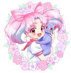  1girl :3 :d absurdres animal animal_ears bishoujo_senshi_sailor_moon blush cat cat_ears chibi_usa crescent crescent_facial_mark diana_(sailor_moon) double_bun earrings facial_mark floral_print hair_bun highres holding holding_animal jewelry looking_at_viewer naninunenonono orange_eyes parted_bangs pink_eyes pink_hair pink_sailor_collar sailor_collar school_uniform short_hair simple_background smile white_background 