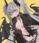  1girl ^^^ black_choker black_horns black_panties black_shirt black_wings blush bow_(bhp) breasts choker closed_mouth clothes_lift collarbone demon_horns demon_wings ear_piercing fate/grand_order fate_(series) green_eyes grey_hair horns large_breasts lilith_(fate) long_hair navel nipples panties piercing pubic_tattoo shirt simple_background smile solo_focus star-shaped_areolae stomach tattoo thighs torn_wings twintails underwear wings yellow_background 