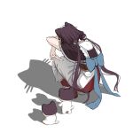  1girl animal_ears apron arms_up back_bow banken_(inui_toko) blue_bow boots bow brown_boots brown_hair brown_kimono brown_sash cassava_03 cat_shadow_puppet_(meme) commentary_request creature frilled_apron frills from_behind hair_ornament highres inui_toko japanese_clothes kimono long_hair long_skirt low_twintails maid_headdress meme nijisanji obi obiage obijime red_skirt sash shadow shadow_puppet short_sleeves simple_background skirt squatting twintails very_long_hair virtual_youtuber waist_apron white_apron white_background white_headdress 