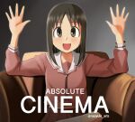  1girl :d absolute_cinema_(meme) absurdres armchair arms_up azumanga_daioh azumanga_daioh&#039;s_school_uniform black_eyes black_hair chair crossed_legs highres kasuga_ayumu light_blush long_hair long_sleeves looking_at_viewer meme naoyuki_arts on_chair outstretched_hand parted_bangs red_shirt red_skirt school_uniform shirt sitting skirt smile socks solo spread_fingers straight-on upper_body white_socks 