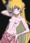  90s arm_up armpits black_background blonde_hair bow detatoko_princess earrings haruyama_kazunori jewelry lapis_(detatoko_princess) long_hair looking_at_viewer navel panties pants pants_pull pantyshot pink_panties pointy_ears poultice pulled_by_self simple_background solo underwear very_long_hair 