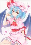  1girl ascot bat_wings blue_hair bow brooch closed_mouth collared_shirt commentary fang frilled_shirt_collar frilled_skirt frills green_brooch hashtag-only_commentary hat hat_ribbon highres jewelry looking_at_viewer mob_cap pink_hat pink_shirt pink_skirt red_ascot red_bow red_eyes red_ribbon remilia_scarlet ribbon shirt short_sleeves single_wrist_cuff skin_fang skirt sleeve_bow smile solo touhou twitter_username watermark wings wrist_cuffs yuiki_(cube) 