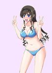  amagami bikini blue_eyes blush breasts brown_hair cleavage curly_hair hairband kaoru348 large_breasts morishima_haruka navel pink_background solo swimsuit v 