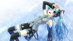  aqua_eyes aqua_hair blush detached_sleeves hatsune_miku headset highres long_hair natsuhime_yuran necktie one_eye_closed open_mouth partially_submerged skirt solo thighhighs twintails very_long_hair vocaloid water 