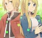  1girl blonde_hair blue_eyes blush braid coat couple earrings edward_elric fullmetal_alchemist hetero jewelry long_hair pocky1202 ponytail winry_rockbell yellow_eyes 