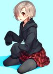  banned_artist black_legwear earrings hair_over_one_eye hood hood_down hoodie idolmaster idolmaster_cinderella_girls jewelry open_mouth pantyhose paseri plaid plaid_skirt red_eyes shirasaka_koume short_hair silver_hair simple_background sitting skirt sleeves_past_wrists solo sweater 