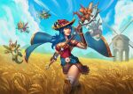  1girl absurdres armor bandaged_arm bandaged_leg bandages blue_hair breasts butterfly_net cape catching cloud cloudy_sky commentary commission dang_(runescape) dragon_tail duellist&#039;s_cap_(tier_6) english_commentary field fingerless_gloves gladiator gloves glowing_hat green_cape hand_net hat highres holding holding_butterfly_net imp leotard long_hair medium_breasts mountainous_horizon nicholas_hoe old_school_runescape original outdoors poleyn red_leotard runescape shiny_lips sky smile spiked_ear_piercing standing sun_symbol tail thick_eyebrows wheat wheat_field windmill wings yellow_eyes 