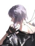  1girl aizheajsee back black_gloves black_jacket cable closed_eyes fingerless_gloves from_behind ghost_in_the_shell gloves highres jacket medium_hair purple_hair shirt solo subdermal_port white_shirt 