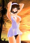  1girl anns_garden beach blush breasts breasts_outside brown_eyes brown_hair cameltoe choker cloud large_breasts looking_at_viewer nipples no_bra ocean outdoors palm_tree sea short_hair solo sunset tree water 