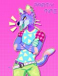 2017 5_fingers anthro arm_markings arm_tuft artist_name belt belt_buckle black_nose blue_body blue_clothing blue_eyebrows blue_fur blue_shirt blue_t-shirt blue_tail blue_topwear bottomwear buckle cheek_tuft chotpot clothed clothed_male clothing colored crossed_arms dated digital_drawing_(artwork) digital_media_(artwork) dipstick_tail ear_piercing ear_ring ear_tuft elbow_tuft english_description english_text eyebrows facial_tuft felid feline fingers fully_clothed fully_clothed_male fur furrowed_brow furrowed_eyebrows green_bottomwear green_clothing green_ear_ring green_fingers green_markings green_pants green_tail_tip green_tongue light lighting male male_anthro mammal markings multicolored_body multicolored_fur multicolored_tail no_pupils open_mouth open_smile orange_markings outline pants pattern_background piercing pink_background pink_markings pockets portrait purple_body purple_ear_ring purple_fur ring_piercing serval shaded sharp_teeth shirt simple_background simple_shading slim_anthro slim_male smile solo standing t-shirt tail tail_markings teeth text three-quarter_portrait tongue tongue_piercing topwear tuft white_belt year yellow_eyes yellow_outline
