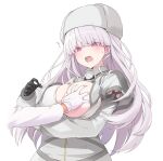  1girl admiral_(kancolle) angry black_gloves breasts dress fur_hat gloves grabbing_another&#039;s_breast groping hat highres kantai_collection kirov_(kancolle) large_breasts long_hair one_breast_out out_of_frame pink_eyes pink_hair sakana_(flame_sakana) upper_body white_background white_dress white_hat 