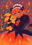  1girl black_gloves butterfly_hair_ornament cookie_run cookie_run:_kingdom dress ghostpotion_art gloves hair_ornament hairband highres holding holding_stuffed_toy humanization juliet_sleeves lolita_hairband long_sleeves looking_at_viewer orange_eyes orange_hair orange_theme pantyhose pompon_(cookie_run) puffy_dress puffy_sleeves pumpkin_pie_cookie short_hair smile solo stuffed_animal stuffed_toy 