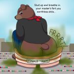 anthro bear big_butt butt canid clothed clothing dialogue digital_media_(artwork) english_text fart hi_res insult macro male mammal propanebear smile solo stadium tail text tobymcdee ursine