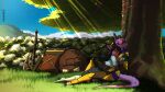 16:9 armor axe backpack black_hair blue_eyes clothed clothing cuddling female female/female feretta goblin hair hand_holding head_on_chest hi_res kobold marun_(reaperonico) pink_body pink_skin prosthetic prosthetic_leg prosthetic_limb red_body red_skin scalie scenery sitting sitting_on_grass sky stone_wall under_tree wall_(structure) widescreen yellow_eyes