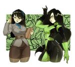  absurdres alohapz belt black_gloves black_hair black_lips blazer blue_shirt blush bodysuit book breasts colored_skin gloves green_eyes green_gloves green_skin highres jacket kim_possible_(series) large_breasts long_hair looking_at_viewer medium_breasts pantyhose pencil_skirt shego shirt skirt smile very_long_hair 