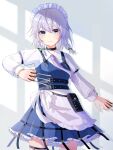  1girl absurdres apron belt between_fingers black_choker blue_eyes bow braid choker closed_mouth commentary_request embellished_costume green_bow grey_hair hair_bow highres holding holding_knife izayoi_sakuya knife knives_between_fingers long_hair long_sleeves looking_at_viewer maid maid_headdress mayu25_mayu25 necktie purple_necktie shadow smile solo thigh_strap touhou twin_braids waist_apron white_apron 
