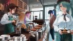 4girls absurdres apron arius_squad_(blue_archive) atsuko_(blue_archive) barista black_necktie blue_archive blue_eyes blue_hair bocchi_(kuropom7) bottle breasts brown_eyes brown_hair brown_hat cabinet cafe closed_eyes coffee coffee_beans coffee_grinder coffee_maker coffee_pot collared_shirt counter cup disposable_cup door dress_shirt food green_apron green_eyes green_hair hair_over_one_eye hat high_ponytail highres hiyori_(blue_archive) holding holding_kettle holding_tray indoors jacket jacket_on_shoulders kettle large_breasts long_hair looking_down low-tied_long_hair menu_board misaki_(blue_archive) multiple_girls necktie peaked_cap pink_hair plate ponytail saori_(blue_archive) shirt short_hair short_necktie sidelocks tray white_shirt window 