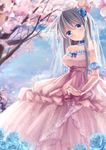  blue_eyes bridal_veil cherry_blossoms clannad dress elbow_gloves flower gloves highres jewelry long_hair ring sakagami_tomoyo silver_hair tree tsukimiya_kamiko veil wedding_dress 