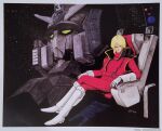  1980s_(style) aeug char_aznable gundam gundam_mk_ii looking_at_viewer machinery mecha military_uniform mobile_suit mullet nagano_mamoru official_art painting_(medium) pilot_chair production_art retro_artstyle robot scan science_fiction serious signature sitting traditional_media v-fin zeta_gundam 