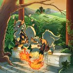  arcanine architecture creature dated east_asian_architecture fire forest gen_1_pokemon highres katy_farina komainu nature no_humans pagoda path poke_ball pokemon pokemon_(creature) road signature stairs torii tree 