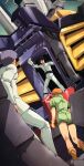  1girl 2boys aeug artist_request belt boots fake_screenshot formal_clothes gloves gundam gundam_mk_ii gundam_perfect_file kai_shiden kamille_bidan machinery mecha mobile_suit multiple_boys official_art open_hatch promotional_art purple_hair reccoa_londe rescue robot scan science_fiction shorts suit traditional_media white_suit zeta_gundam 