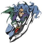  1boy axe barbatos_goetia blue_hair bodysuit cape long_hair open_mouth purple_eyes tales_of_(series) tales_of_destiny_2 teeth weapon 