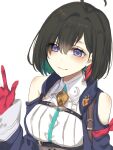  1girl ahoge atelier_(series) atelier_yumia between_breasts black_hair breasts closed_mouth commentary_request gloves hair_between_eyes highres kona_(atrkona) looking_at_viewer medium_hair mole mole_under_eye multicolored_hair red_gloves red_hair simple_background smile solo strap_between_breasts streaked_hair two-tone_hair upper_body waving white_background yumia_liessfeldt 