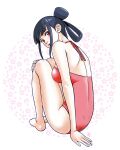  1girl absurdres aobito_sukoyaka_bystander ass black_hair full_body hair_rings highres knees_up luxe_sakomizu one-piece_swimsuit rean_no_tsubasa red_eyes red_one-piece_swimsuit sitting solo swimsuit white_nails 