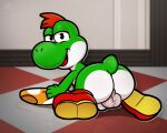 balls black_eyes butt clothing clothing_aside digital_media_(artwork) dinosaur footwear genitals green_body green_yoshi hair hi_res humanoid_genitalia humanoid_penis inside looking_at_viewer looking_back male mario_bros nintendo nude on_the_floor paper_mario paper_mario:_the_thousand_year_door penis prehistoric_species presenting presenting_hindquarters red_hair reptile scalie semi-anthro shoes solo tail the_great_gonzales_jr yoshi young_(lore) zeklullaby