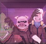  3boys andrew_oikonny animal_ears arm_up blue_eyes brown_gloves brown_jacket chameleon_boy clenched_teeth closed_eyes commentary_request dated envos fang fangs furry furry_male gloves hand_on_another's_head jacket leon_powalski long_sleeves looking_at_viewer male_focus monkey_boy multiple_boys open_mouth pig_boy pig_ears pig_nose pigma_dengar pointy_ears scene_reference sharp_teeth signature simple_background star_fox starlink:_battle_for_atlas teeth upper_teeth_only white_hair 