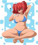  armpits arms_behind_head barefoot belly bikini blue_bikini breasts hair_bobbles hair_ornament indian_style kara_age large_breasts onozuka_komachi plump purple_eyes red_hair short_hair sideboob sitting solo swimsuit thick_thighs thighs touhou two_side_up 