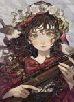  1girl absurdres animal_on_head bird bird_on_head blouse blush brown_eyes brown_hair cloak curly_hair flower_wreath gun hair_between_eyes hair_vines head_wreath highres holding holding_weapon long_hair long_sleeves on_head parted_lips plant red_cloak rifle sayoko_(sayosny2) shirt smile solo sparrow vines weapon white_shirt 