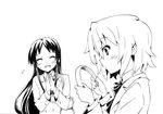  akiyama_mio black_eyes black_hair blush greyscale hair_down hairband hairband_removed headwear_removed k-on! long_hair monochrome multiple_girls nome_(nnoommee) open_mouth school_uniform simple_background tainaka_ritsu uniform 