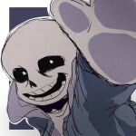  1boy blue_background blue_jacket border bright_pupils chinese_commentary commentary_request gloves grey_hood happy heichiyo hollow_eyes hood hood_down hooded_jacket jacket long_sleeves male_focus open_clothes open_jacket open_mouth outline outside_border outstretched_arm outstretched_arms sans_(undertale) shirt skeleton smile solo teeth undertale upper_body white_border white_gloves white_outline white_pupils white_shirt zipper 