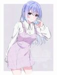  1girl aoi_thomas blue_hair blush border breasts closed_mouth collared_shirt dress dress_shirt grey_background grey_border hair_between_eyes hand_up idolmaster idolmaster_shiny_colors long_hair long_sleeves puffy_long_sleeves puffy_sleeves purple_dress purple_eyes shirt signature sleeveless sleeveless_dress small_breasts smile solo suzuki_hana very_long_hair watermark white_shirt 