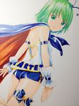  alternate_costume antennae ass back bare_shoulders cape from_behind green_eyes green_hair light_smile looking_back mayo_riyo race_queen short_hair solo touhou traditional_media wriggle_nightbug wrist_cuffs 