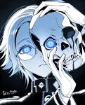  1boy absurdres aotsuki_eito blood blue_eyes dated eromkk eyelashes gakuran glasses gloves greyscale hands_up highres holding holding_skull last_defense_academy_school_uniform looking_at_viewer male_focus monochrome parted_lips pink_pupils portrait school_uniform short_hair signature simple_background skull solo spoilers spot_color the_hundred_line_-last_defense_academy- twitter_username 