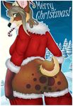  anthro antlers anuvia big_butt blue_eyes brown brown_fur brown_spots butt candy_cane cervine christmas english_text female fur gloves holidays horn invalid_tag legwear mammal outfit snow solo stockings text tree wood xmas 