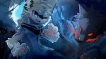 2024 4_fingers anthro biped blue_eyes blue_markings blue_theme blush blush_lines canid canine canis chest_tuft claws digital_drawing_(artwork) digital_media_(artwork) domestic_dog fangs fingers forest forest_background fur ghost grey_body grey_fur hlg7777 hybrid inner_ear_fluff kemono kerchief male mammal markings maxliu multicolored_body multicolored_fur nature nature_background neck_tuft neckerchief neckwear night one_eye_closed open_mouth outside pawpads paws plant shaded solo spirit teeth tree tuft wallpaper white_body white_fur wolf wolfdog