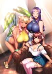 3girls arched_back blonde_hair bracelet breasts brown_hair buttons cleavage cone_hair_bun couch double-breasted gradient_hair green_eyes grin hair_bun hand_on_another&#039;s_shoulder hidaka_fuyuka hidaka_manatsu huge_breasts indoors jewelry kan&#039;ochi_x_netorare_kazoku_~anata_yurushite._watakushi-tachi_uwaki_sex_ni_honki_de_hamacchatta_no~ kimura_yumiko large_breasts light_rays long_hair looking_at_viewer minamoto_(mutton) multicolored_hair multiple_girls necklace official_art on_couch photoshop_(medium) pink_hair pink_thighhighs plant potted_plant purple_hair red_eyes sandals shiraki_yuna short_hair short_shorts shorts sitting sleeveless smile standing tan tanlines thighhighs two-tone_hair two_side_up 