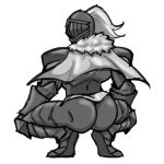  armor ass ass_focus black_souls black_souls_2 cape full_armor fur_trim grimm_(black_souls) looking_at_viewer looking_back m8n8xide male_underwear squatting underwear white_background white_cape white_loincloth 