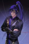  1boy black_background black_gloves black_hair black_hanfu black_headband black_sash blood blue_eyes chinese_clothes chinese_commentary closed_mouth code:_kite fu_rong_(code:_kite) gloves gradient_background hanfu headband high_ponytail highres kkknnnn long_hair long_sleeves looking_at_viewer male_focus partially_fingerless_gloves ponytail purple_background sash shoulder_strap solo string string_of_fate watermark weibo_watermark white_string 