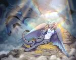 anthro beckoning breasts dragon feathered_wings feathers female feral fog fur furred_dragon furred_scalie gesture gesturing_at_viewer hay hi_res horn legend_of_ahya llydia_the_fluff_dragon_(darkflamewolf) looking_at_viewer looking_back looking_back_at_viewer mythological_creature mythological_scalie mythology nipples nude nude_anthro nude_female rainbow rock scales scalie smile solo spread_wings striped_body striped_fur stripes ventral_scales winged_dragon wings zombieze
